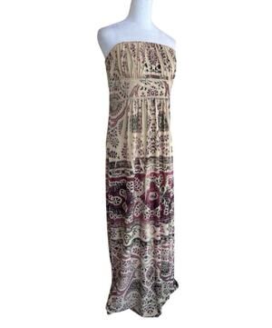 Vintage Believe Paisley Print Strapless Tube Dress Bohemian Maxi L Y2K